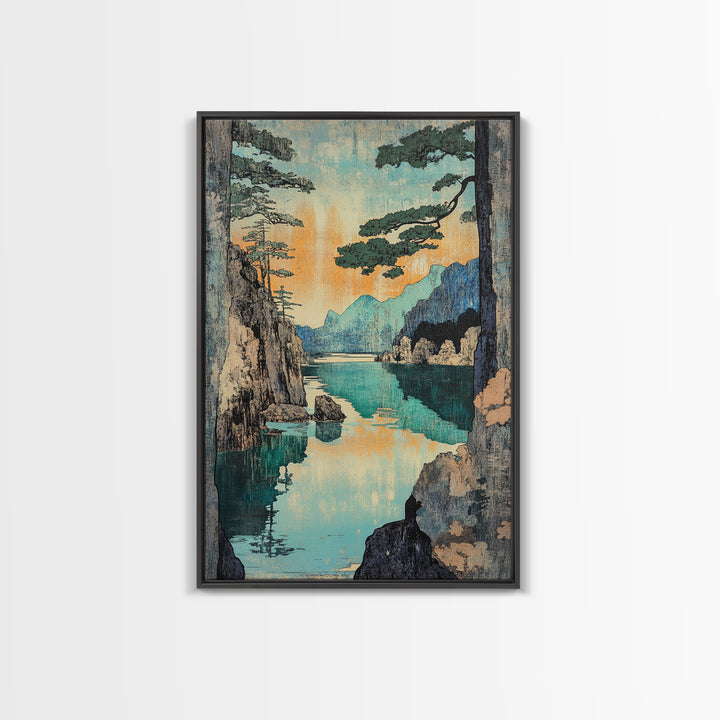 Turquoise Mountain Lake And Pine Cliffs Wall Art, Japanese Landscape Print, Serene Nature Decor, Japandi Calming Bedroom Art