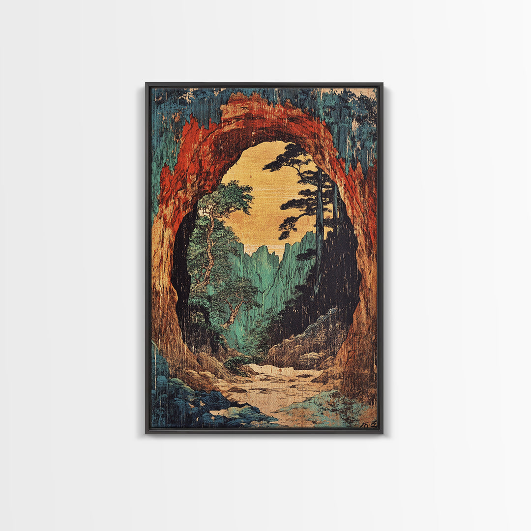 Cave Arch Forest Path And Mountain View Wall Art, Japanese Woodblock Style Print, Rustic Japandi Decor, Statement Artwork