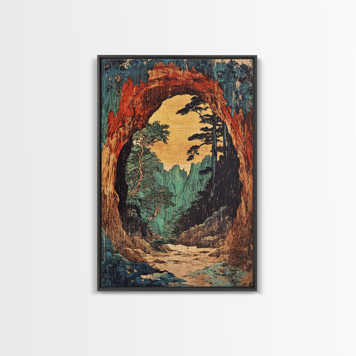 Cave Arch Forest Path And Mountain View Wall Art, Japanese Woodblock Style Print, Rustic Japandi Decor, Statement Artwork