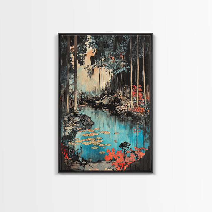 Forest Pond With Lily Pads And Red Foliage Canvas Print, Japanese Nature Wall Art, Moody Woodland Wall Decor For Bedroom