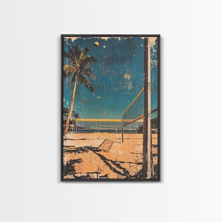 Beach Volleyball Court With Palm Tree And Ocean Wall Art, Tropical Coastal Canvas Print, Summer Decor For Modern Beach House