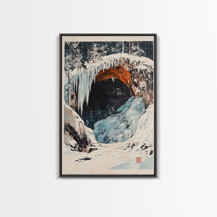 Snowy Ice Cave Winter Landscape Canvas Print, Mountain Wall Art, Rustic Cabin Decor, Nature Print, Housewarming Gift, Living Room Decor