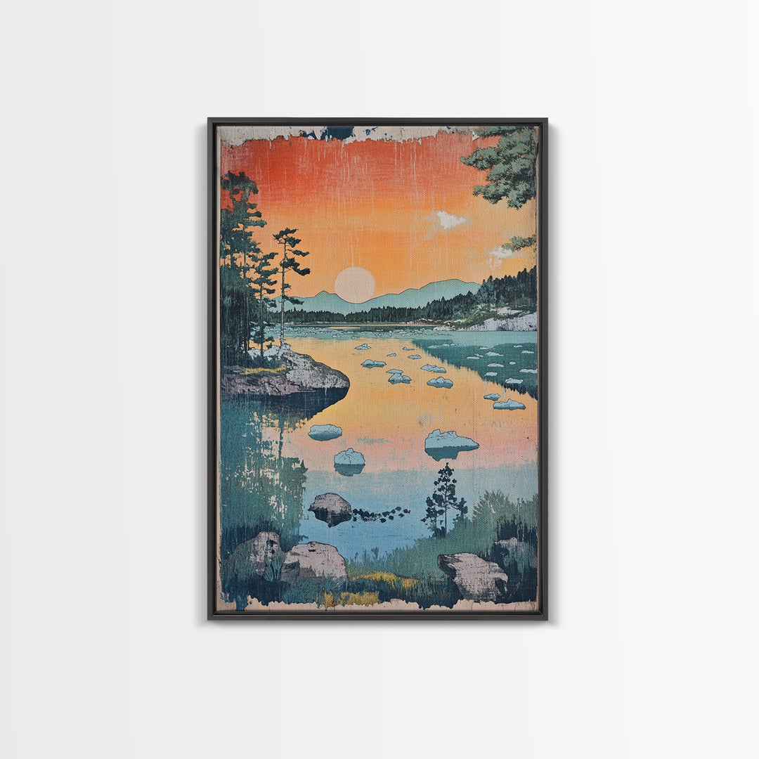 Orange Sunset Lake Landscape Canvas Print, Mountain Wall Art, Japandi Nature Print, Cabin Decor, Living Room Wall Art, Housewarming Gift