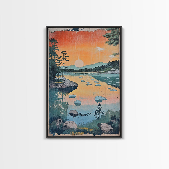Orange Sunset Lake Landscape Canvas Print, Mountain Wall Art, Japandi Nature Print, Cabin Decor, Living Room Wall Art, Housewarming Gift