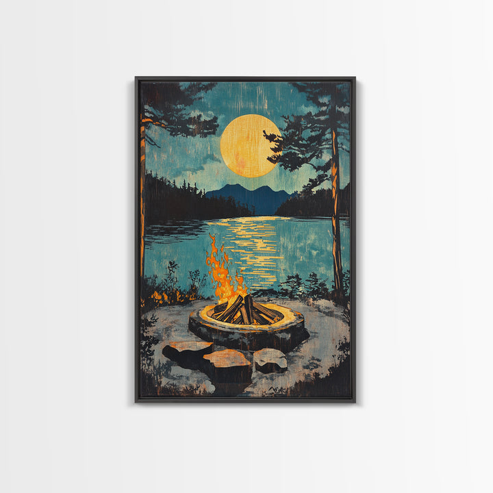 Campfire Moon Lake Canvas Print, Rustic Cabin Wall Art, Forest Landscape Poster, Cozy Camping Decor Gift For Him, Man Cave Decor