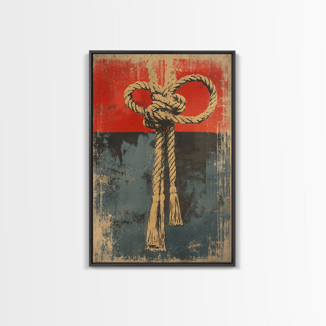Nautical Rope Knot Canvas Print, Rustic Red And Blue Coastal Wall Decor, Maritime Art Print For Beach House And Man Cave