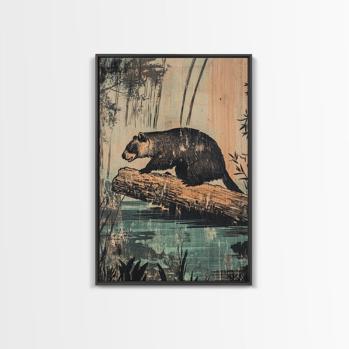 Black Bear On Log Wall Art, Rustic Wildlife Painting Style, Woodland Animal Decor, Cabin Nature Art Print For Living Room
