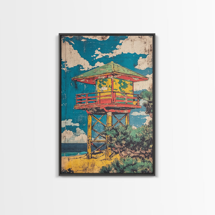 Colorful Beach Lifeguard Tower Wall Art, Retro Coastal Travel Poster, Tropical Ocean Decor, Summer Beach House Art Print