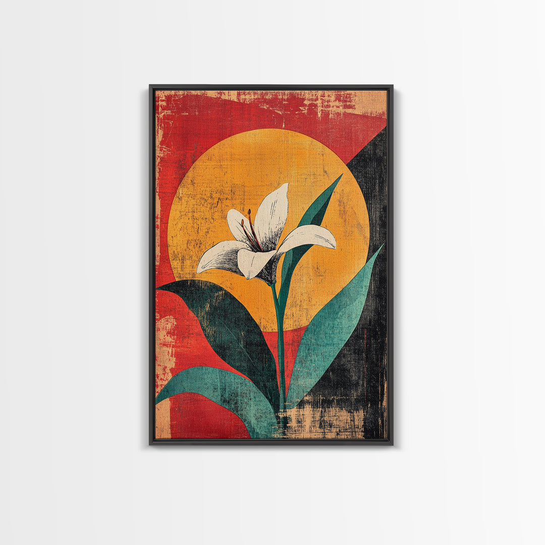 White Lily Flower Canvas Print, Bold Red Yellow Botanical Wall Decor, Mid Century Floral Art Print For Modern Living Room