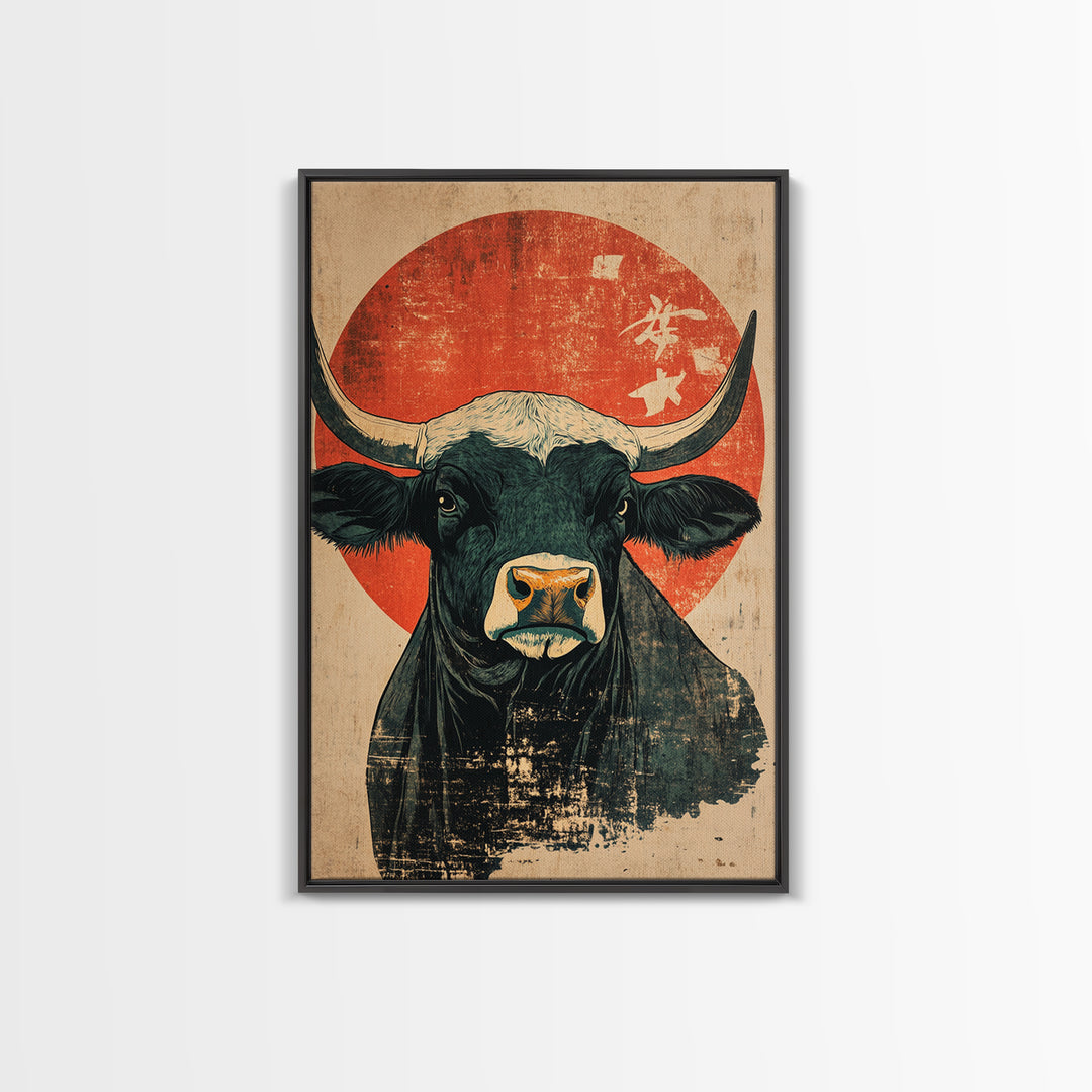 Black Bull Red Sun Canvas Print, Rustic Farm Animal Wall Art, Western Japandi Decor, Bold Kitchen Art, Housewarming Gift