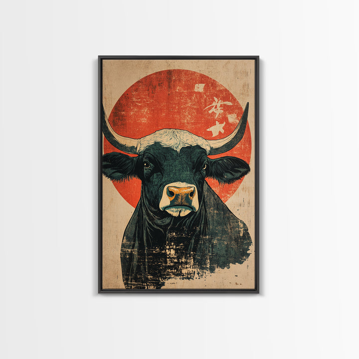 Black Bull Red Sun Canvas Print, Rustic Farm Animal Wall Art, Western Japandi Decor, Bold Kitchen Art, Housewarming Gift