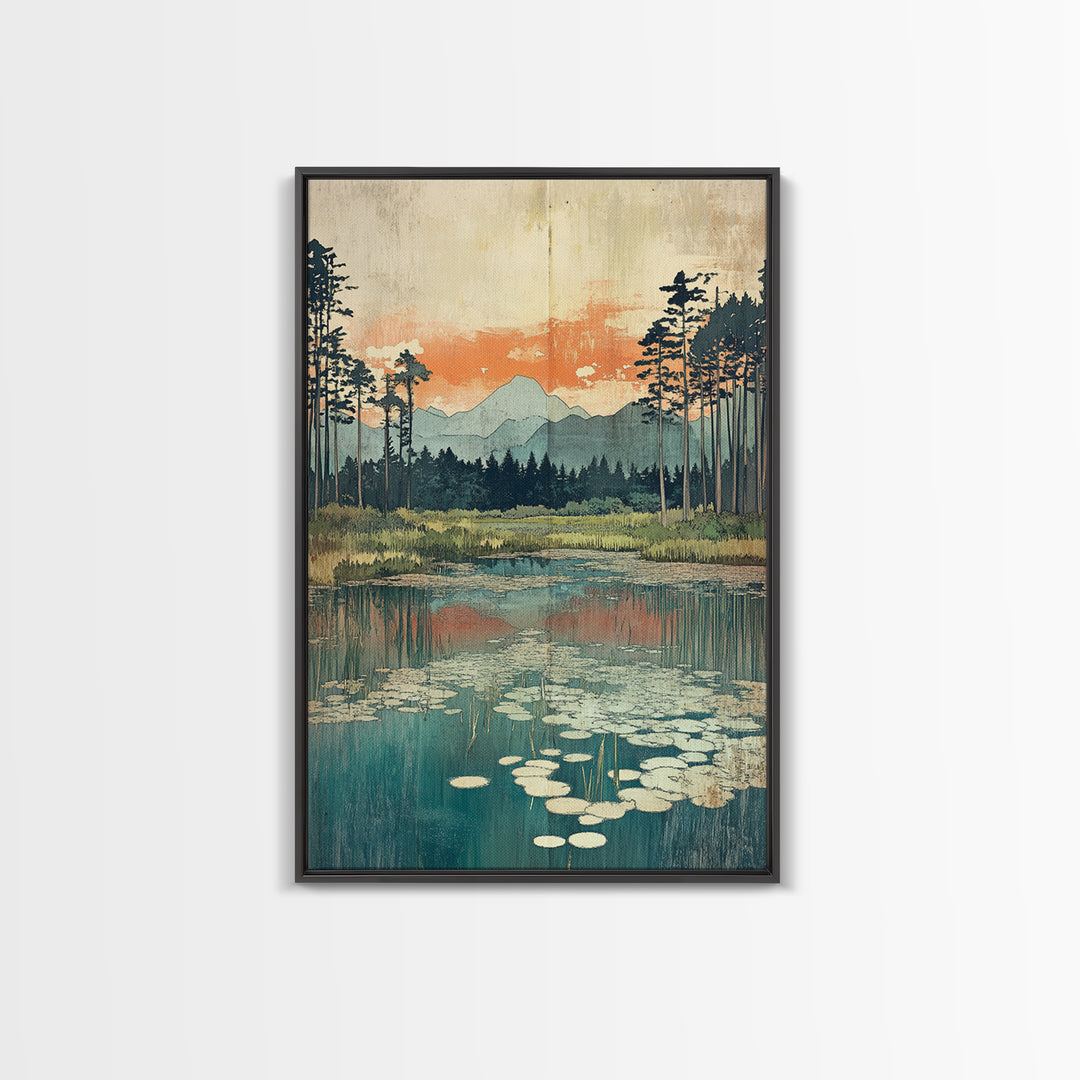 Mountain Lake Lily Pads Framed Canvas Print, Serene Landscape Wall Art, Japandi Nature Decor, Living Room Home Decor, Office Wall Art