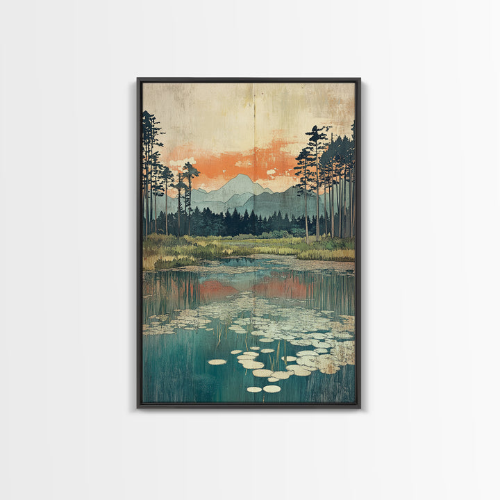 Mountain Lake Lily Pads Framed Canvas Print, Serene Landscape Wall Art, Japandi Nature Decor, Living Room Home Decor, Office Wall Art