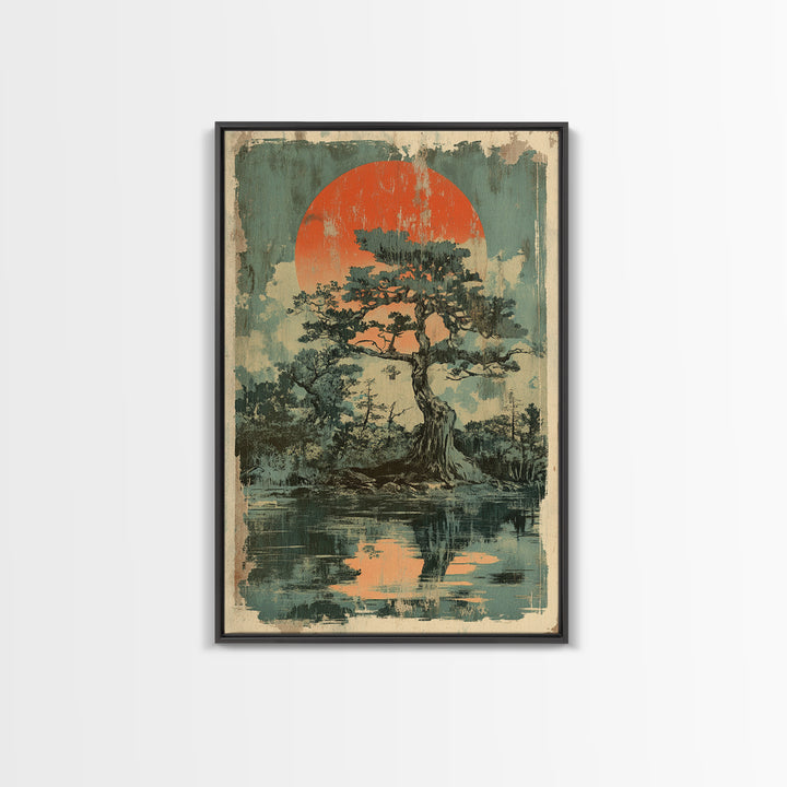 Pine Tree Island Red Sun Wall Art, Moody Japanese Landscape Print, Japandi Lake Decor, Serene Nature Framed Canvas Print