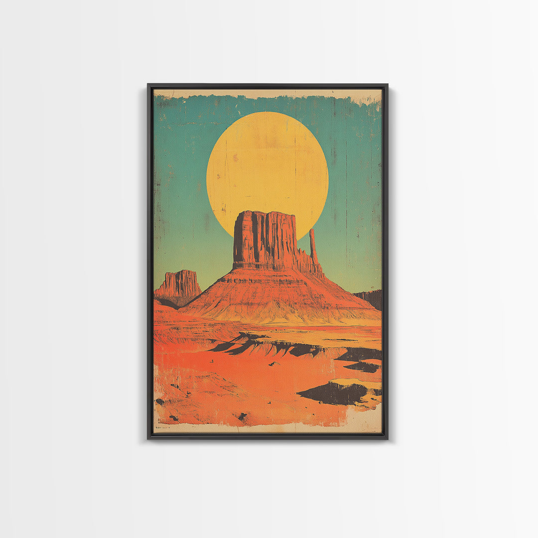 Desert Mesa With Golden Sun Canvas Print, Southwestern Wall Art, Retro Western Landscape Poster, Boho Earth Tone Decor Gift