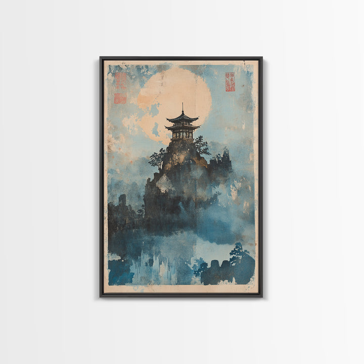 Misty Pagoda Moon Wall Art, Japanese Landscape Art Print, Zen Asian Wall Decor, Meditation Room Framed Canvas Print Gift