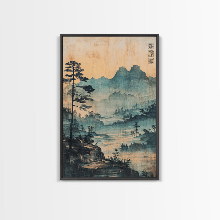 Blue Mist Mountain Landscape Wall Art, Japanese Ink Painting Print, Zen Nature Wall Decor, Japandi Living Room Decor Gift