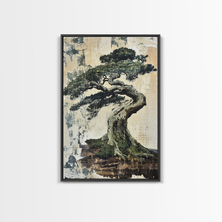 Twisted Windswept Bonsai Tree Wall Art, Japandi Nature Print, Zen Home Decor, Botanical Wall Decor, Framed Canvas Print, Office Decor