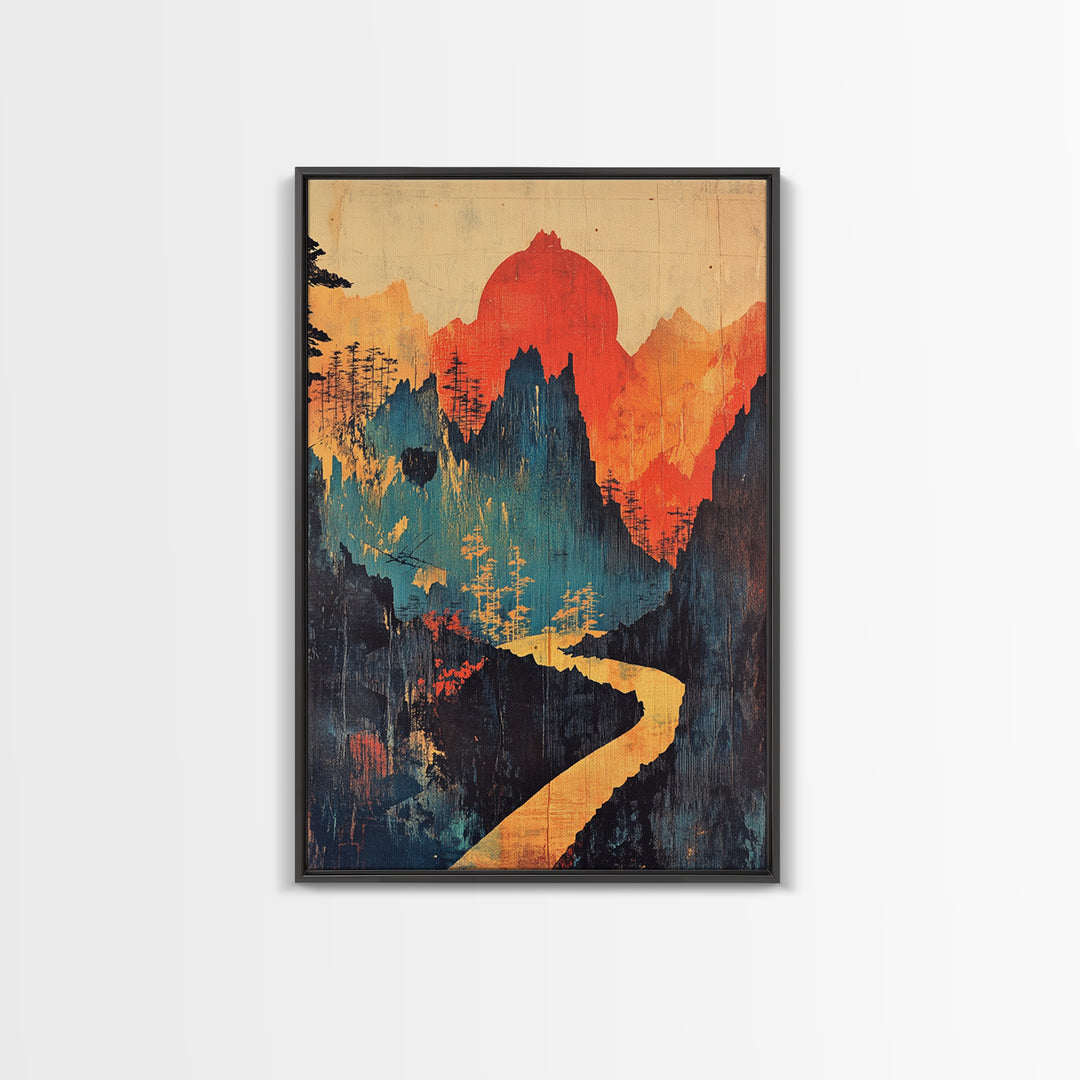 Red Sun Mountain River Wall Art, Abstract Landscape Print, Japandi Wall Decor, Organic Modern Art, Large Canvas Print, Statement Artwork
