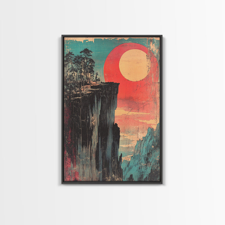 Cliffside Forest With Red Sun Wall Art, Retro Japanese Print, Japandi Decor, Bold Landscape, Framed Canvas Print, Large Wall Art