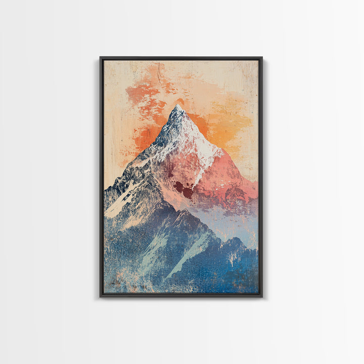 Snowy Alpine Mountain Peak Wall Art, Pastel Landscape Print, Nature Wall Decor, Bedroom Decor, Framed Canvas Print, Blue Bedroom Art