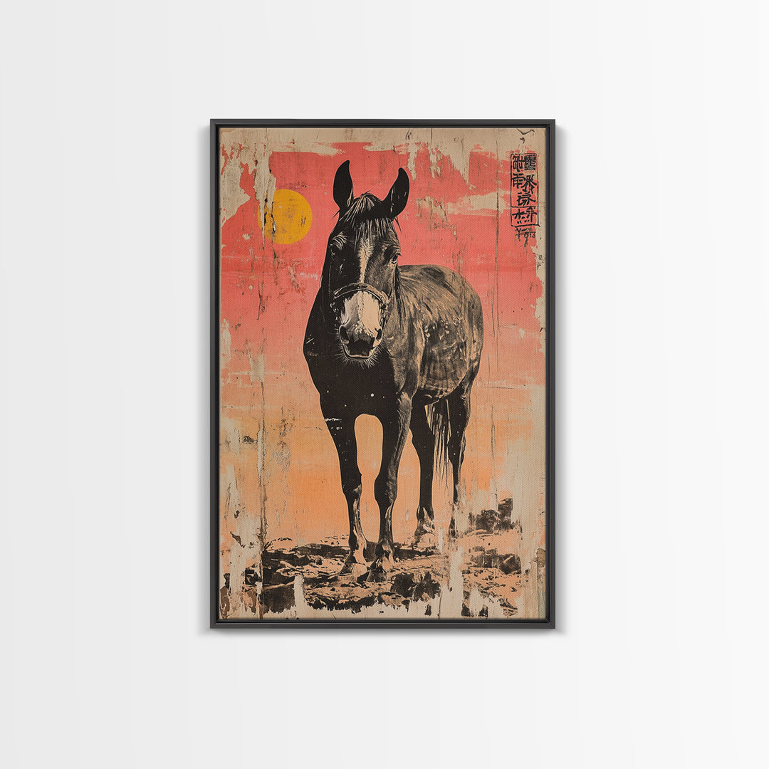 Black Horse Portrait At Sunset Framed Canvas Print, Equestrian Wall Art, Western Decor, Horse Lover Gift, Rustic Home Decor