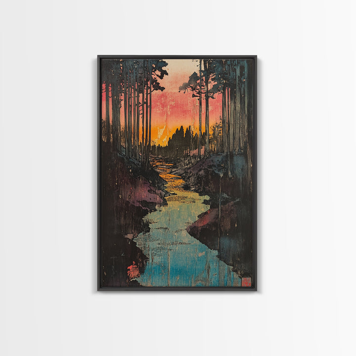 Sunset Forest River Canvas Print, Japanese Landscape Wall Art, Nature Wall Decor, Rustic Home Decor, Calming Living Room Art