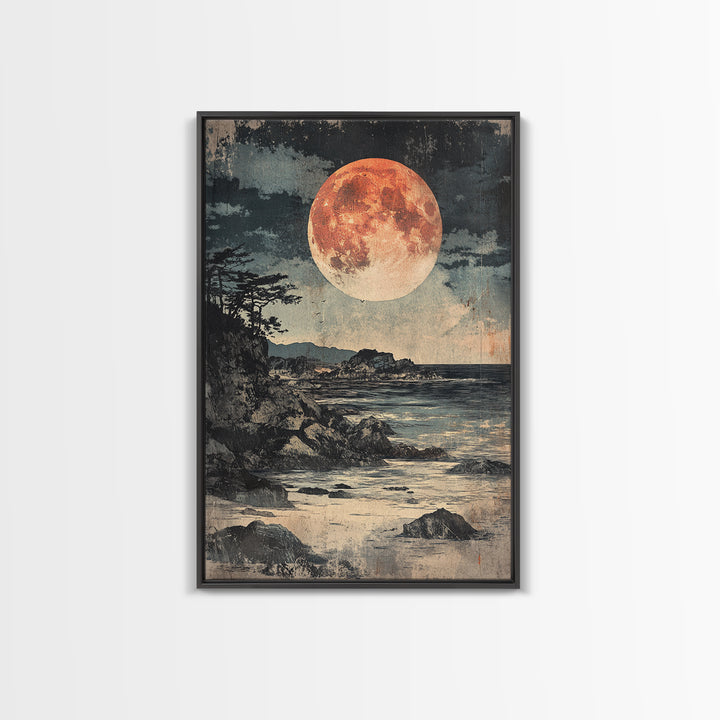 Full Moon Rocky Coast Canvas Print, Japanese Seascape Wall Art, Moody Wall Decor, Coastal Wall Art, Dark Academia Decor