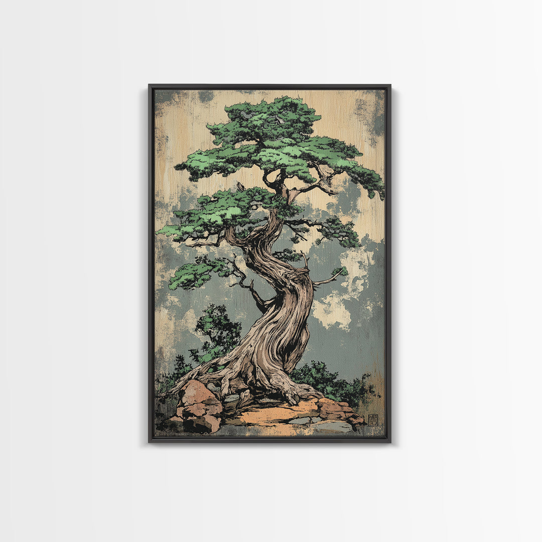 Twisted Bonsai Tree Wall Art, Japanese Zen Canvas Print, Nature Inspired Decor, Japandi Wall Decor, Calming Living Room Art