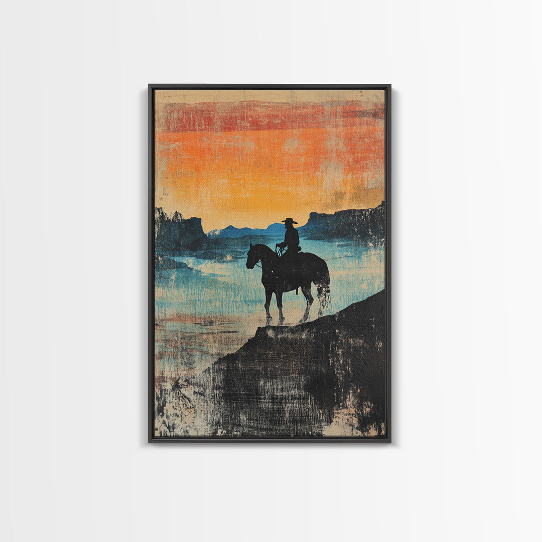 Cowboy Canyon Sunset Wall Art, Western Horse Canvas Print, Rustic Landscape Decor, Southwestern Art, Gift For Him, Living Room Decor
