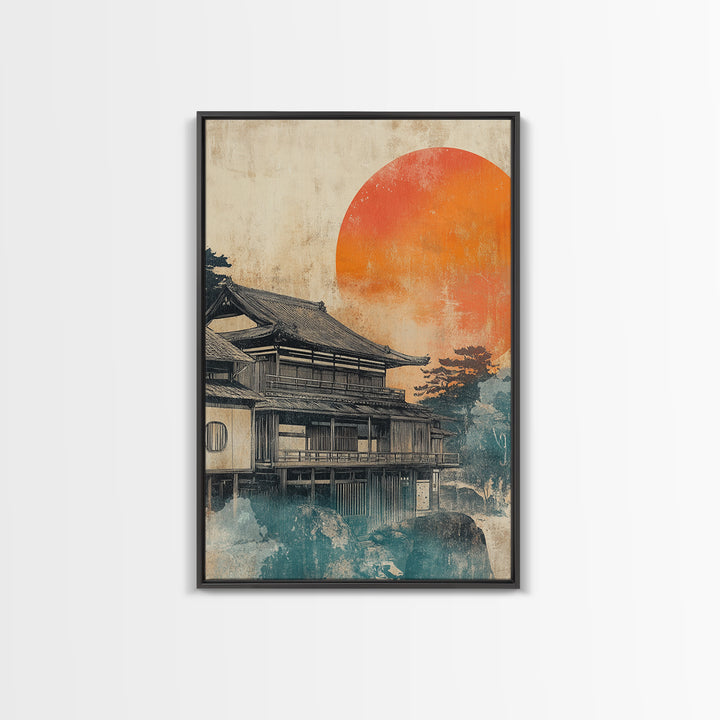 Japanese Tea House Framed Canvas Print, Orange Sun Wall Art, Ukiyo E Landscape Decor, Japandi Art, Modern Living Room Decor