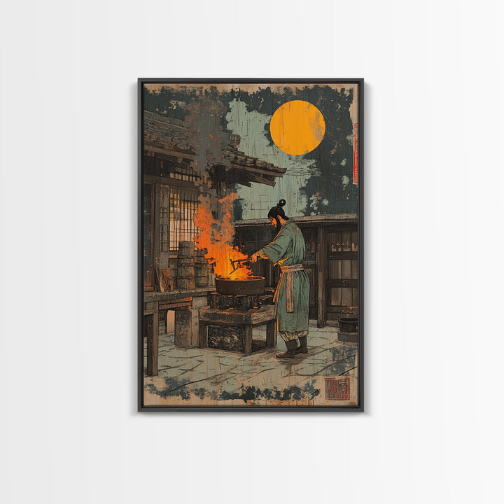 Japanese Blacksmith Night Wall Art, Moonlit Forge Canvas Print, Samurai Inspired Decor, Dramatic Ukiyo E Style Art Print
