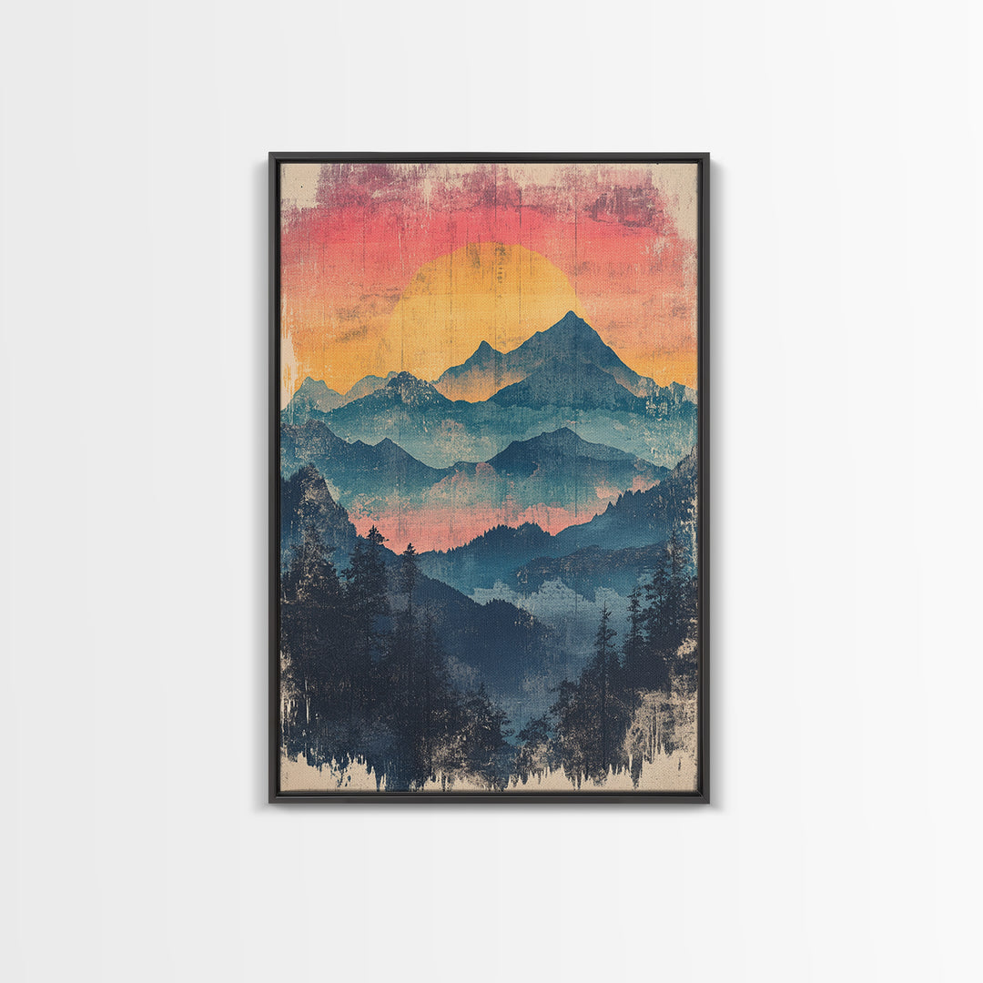 Misty Blue Mountain Sunset Wall Art, Layered Forest Landscape Print, Rustic Cabin Decor, Large Nature Living Room Art Gift