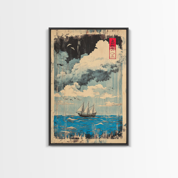 Sailboat Under Moonlit Clouds Canvas Print, Japanese Nautical Wall Art, Ocean Seascape Decor, Coastal Gift For Him And Her