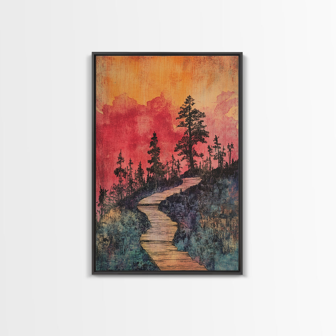 Winding Forest Path At Sunset Wall Art, Pink Orange Landscape Print, Rustic Cabin Decor, Cozy Nature Art For Bedroom Gift