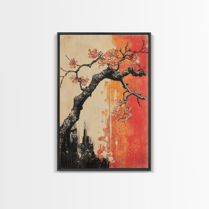 Cherry Blossom Branch Canvas Print, Japanese Floral Wall Art, Red Orange Botanical Decor, Japandi Living Room Art Gift Print