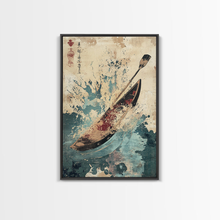 Canoe And Paddle Splash Canvas Print, Japanese Nautical Wall Art, Blue Ocean Decor, Adventure Travel Poster Gift For Coastal Home