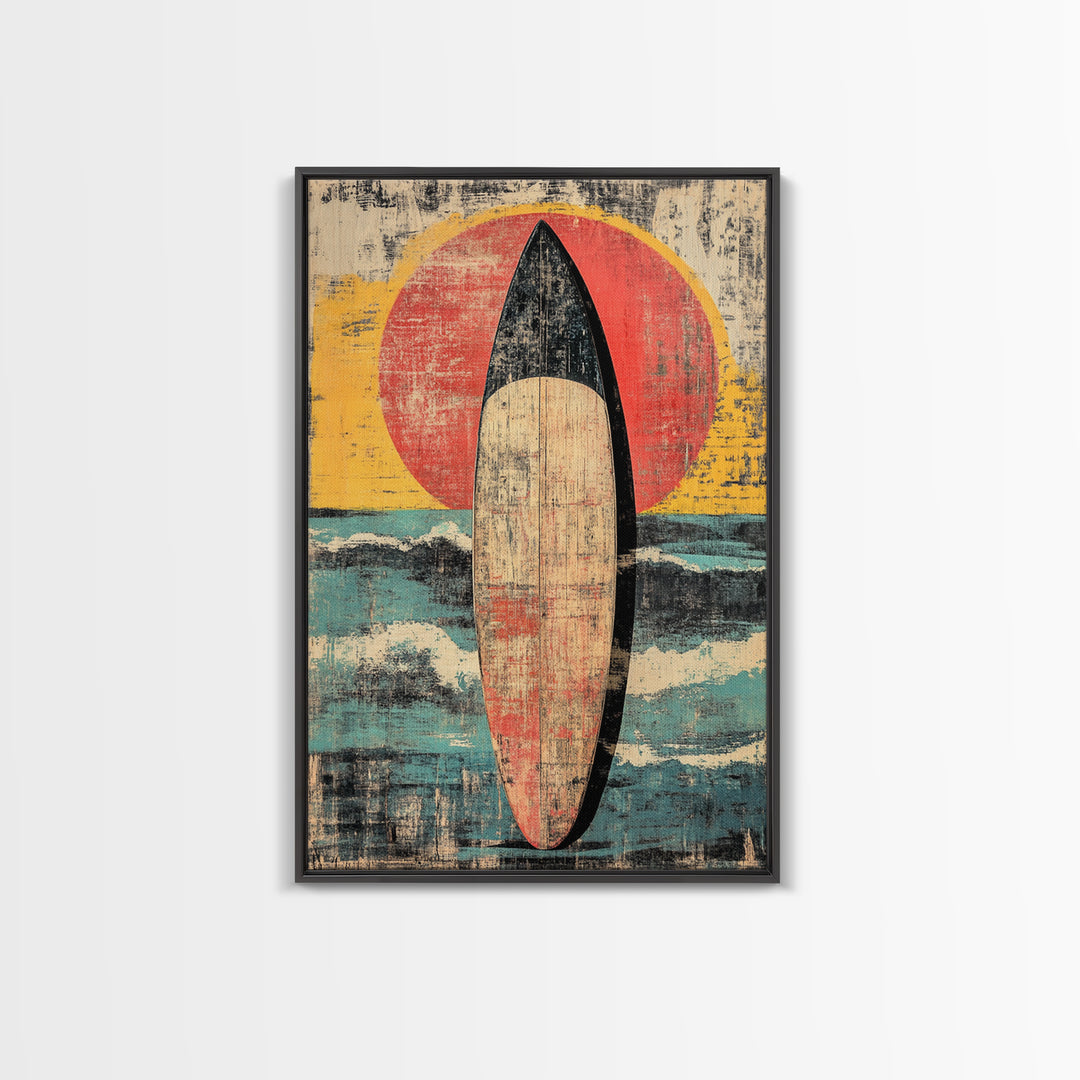 Retro Surfboard At Sunset Wall Art, Coastal Ocean Waves Print, Beach House Decor, Large Vertical Canvas For Surf Lovers Gift