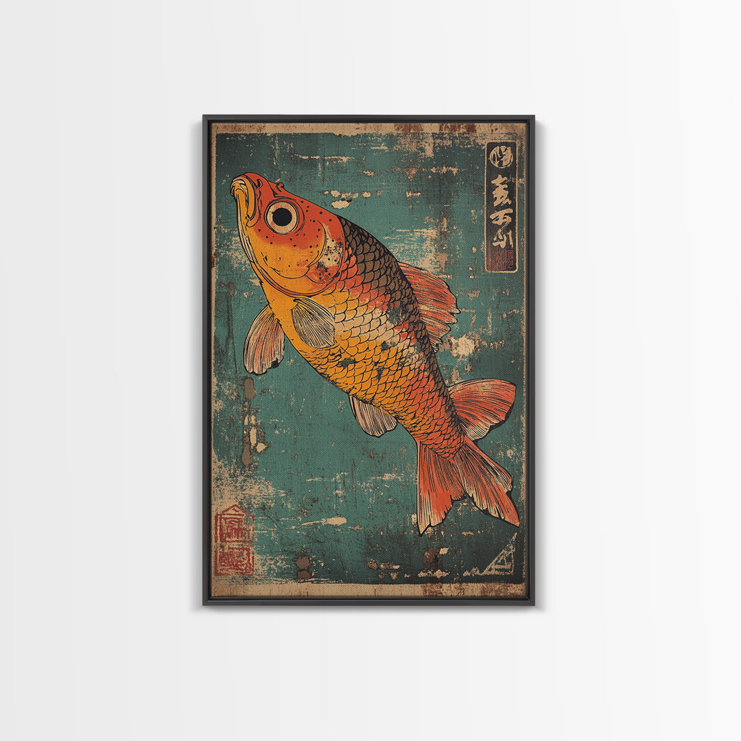 Orange Koi Fish Canvas Print, Japanese Animal Wall Art, Teal Blue Aquarium Decor, Nautical Coastal Gift For Fish Lover Home