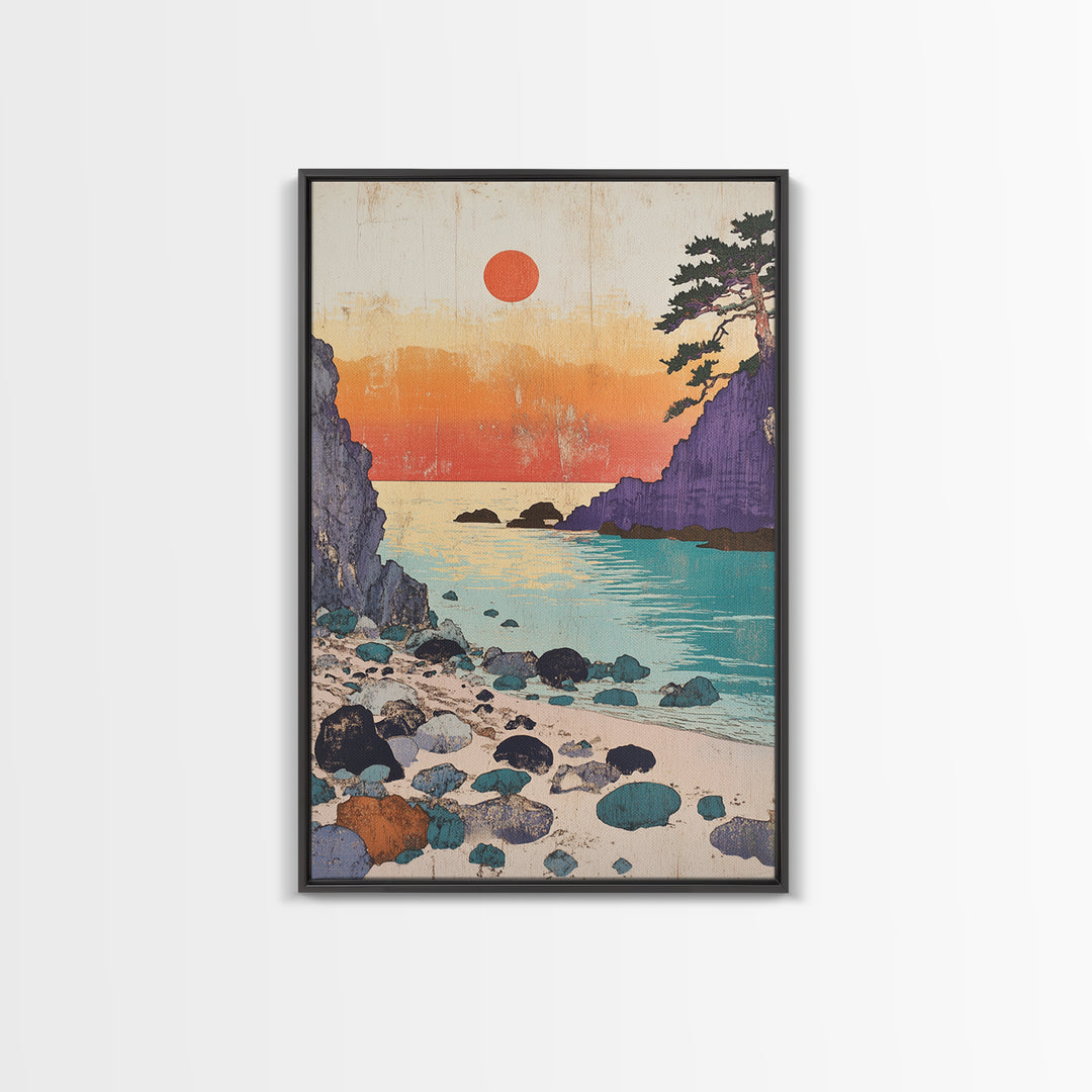 Purple Cliffs Sunset Cove Japanese Seascape Wall Art Coastal Print, Beach House Decor, Large Living Room Wall Decor Poster