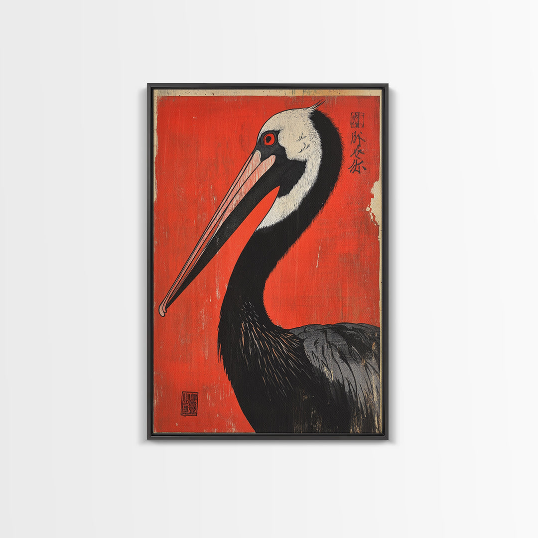 Black Necked Crane Bird On Red Japanese Canvas Print Wildlife Wall Art, Asian Decor, Bold Animal Art Poster Gift For Bird Lovers