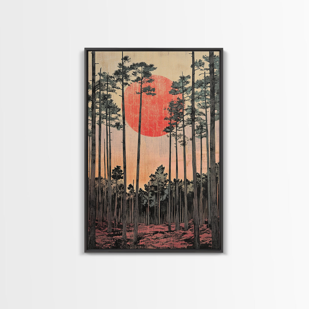 Tall Pine Forest Red Sun Japanese Landscape Wall Art, Japandi Decor, Nature Print, Large Living Room Wall Decor Poster Gift