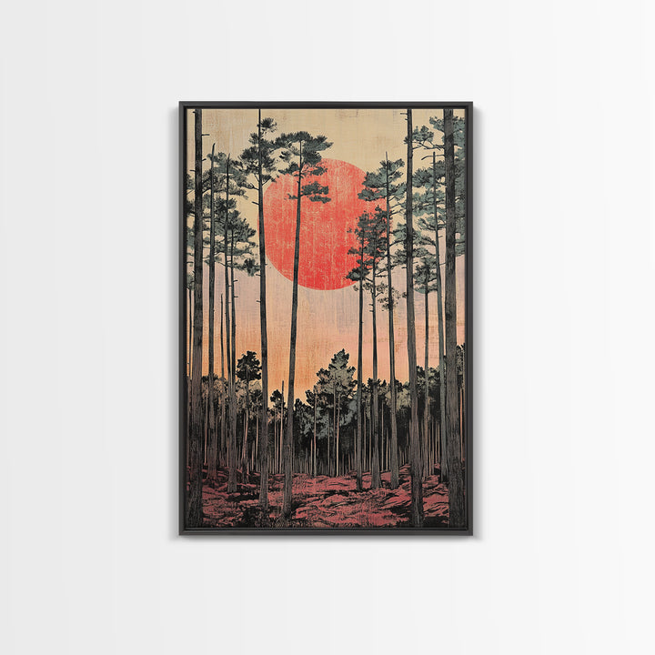 Tall Pine Forest Red Sun Japanese Landscape Wall Art, Japandi Decor, Nature Print, Large Living Room Wall Decor Poster Gift