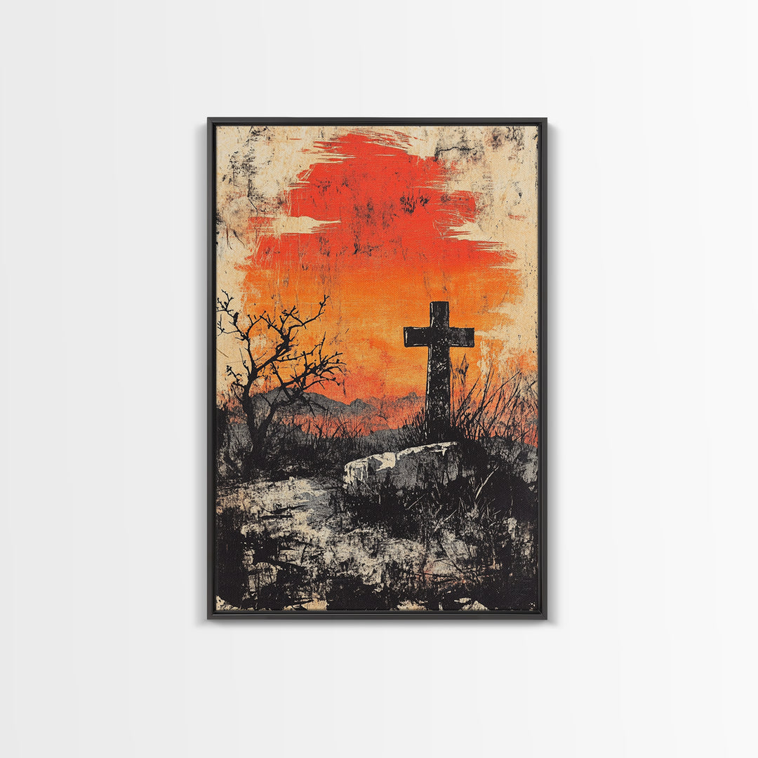 Black Cross At Fiery Sunset Framed Canvas Print, Christian Wall Art, Rustic Landscape, Faith Gift, Moody Home Decor Art
