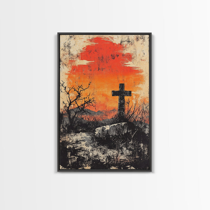 Black Cross At Fiery Sunset Framed Canvas Print, Christian Wall Art, Rustic Landscape, Faith Gift, Moody Home Decor Art
