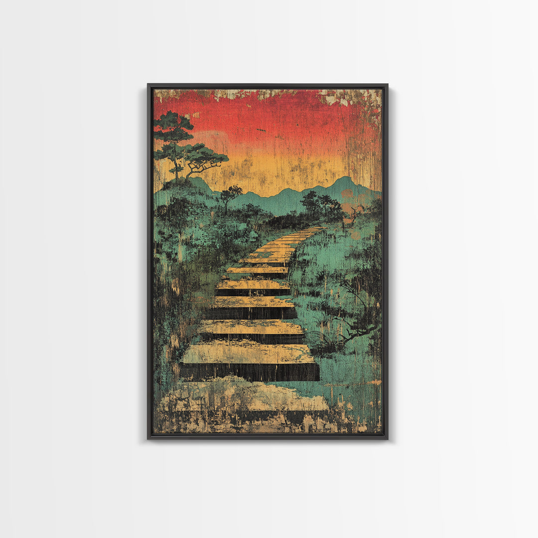 Sunset Boardwalk Through Misty Marsh Wall Art, Japanese Landscape Print, Rustic Nature Decor, Mountain Path Canvas Print