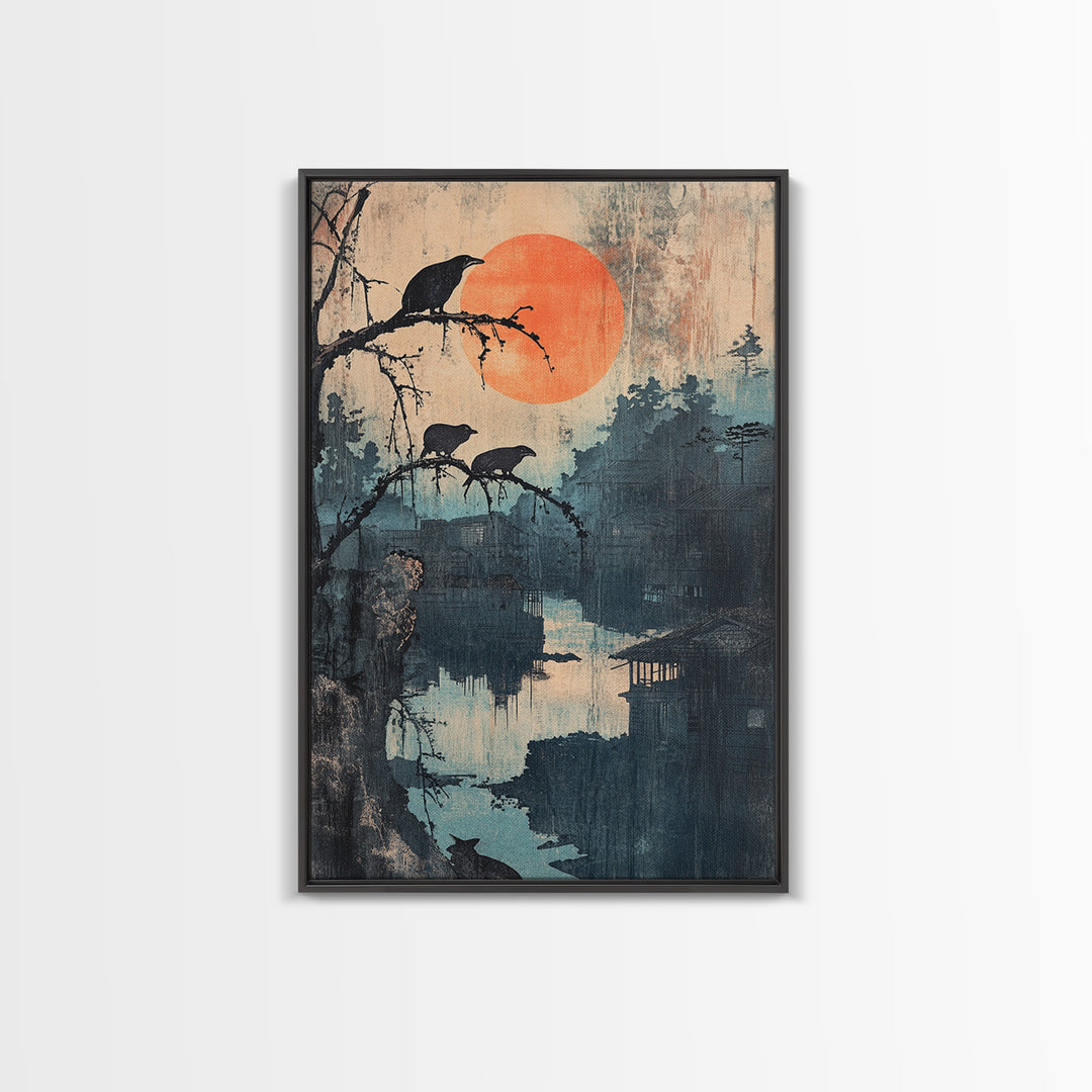 Crows Over Misty River Framed Canvas Print, Japanese Landscape Wall Art, Moody Nature Decor, Orange Sun, Bird Art Print