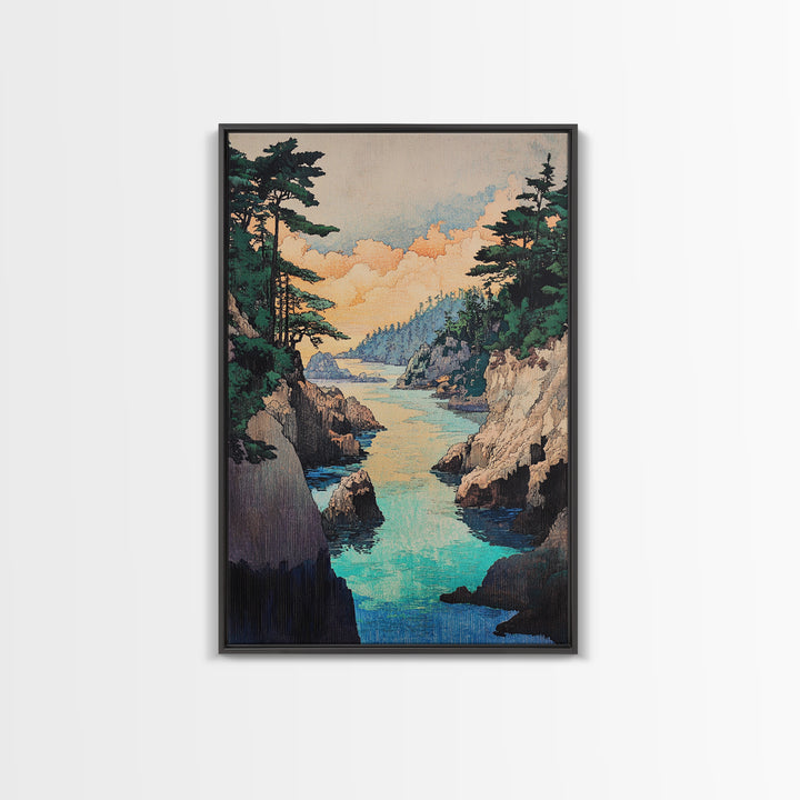 Turquoise Rocky Cove Wall Art, Japanese Coastal Landscape Print, Ocean Seascape Canvas Print, Serene Living Room Decor Gift