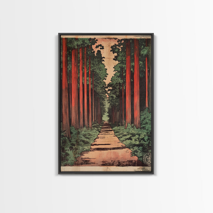 Tall Cedar Forest Path Wall Art, Japanese Woodland Landscape Print, Rustic Nature Canvas Print, Entryway Decor Housewarming Gift