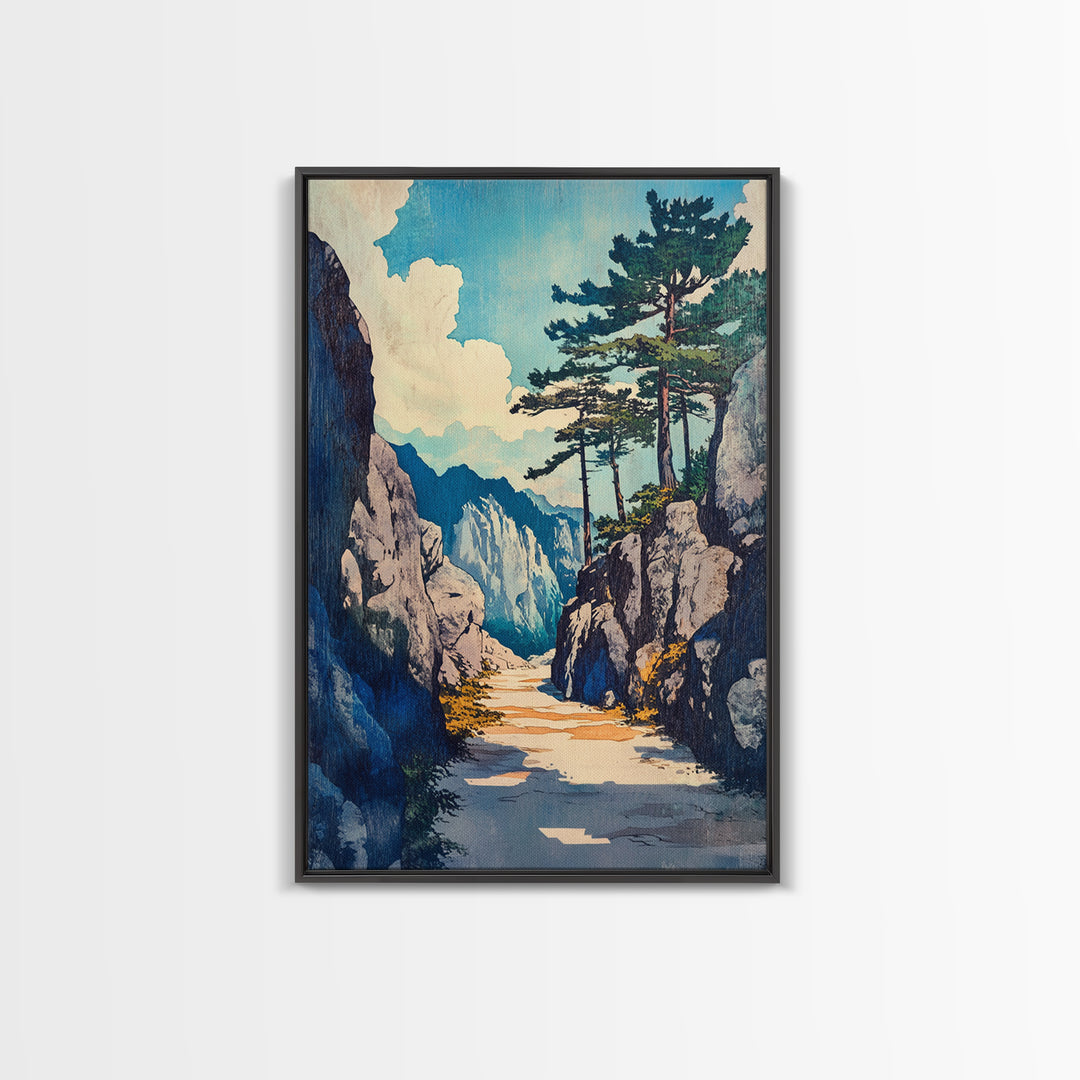 Rocky Mountain Pass Wall Art, Alpine Landscape Canvas Print, Japanese Style Nature Decor, Large Living Room Wall Art Gift